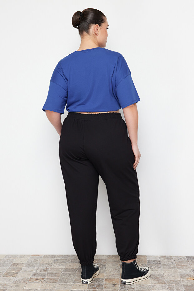 Siyah Loose Jogger İnce Paçası Lastikli Esnek Bel Örme Büyük Beden Eşofman Altı TBBAW23AJ00002 - 7
