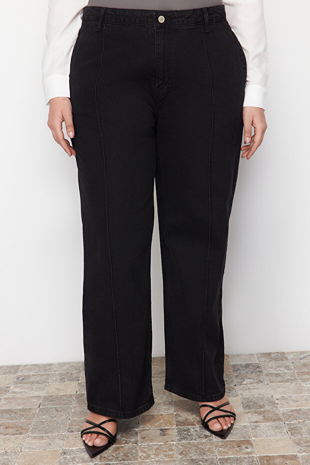 Antrasit Yüksek Bel Nervürlü Geniş Kesim Jeans TBBAW23CJ00013 - 9