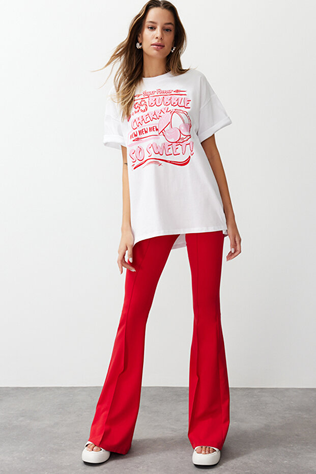 Beyaz %100 Kalın Pamuklu Baskılı Oversize/Rahat Kesim Örme T-Shirt TWOSS24TS00123 - 2