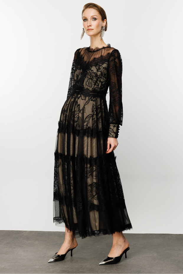 Siyah Dantelli Maxi Boy Elbise - 4