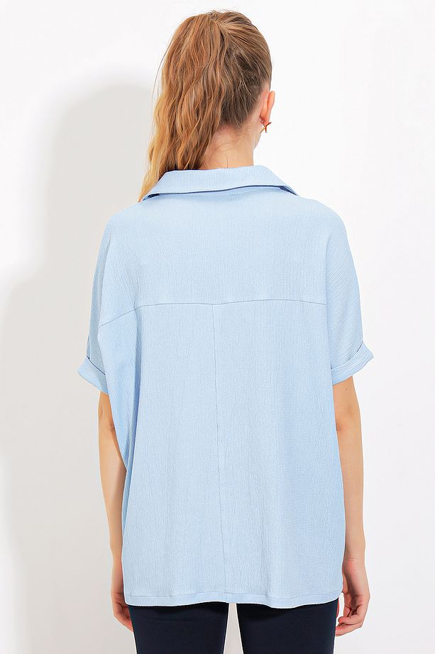 Kadın Mavi Oversize Polo Yaka Örme Bluz 0486 - 5