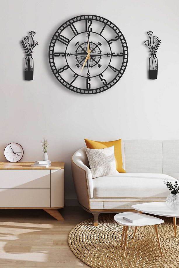 Modern Siyah Ahşap Dekoratif Pusulalı Duvar Saati Ve Vazo Tablo Seti - 48x48cm Yuvarlak Tasarım - 2