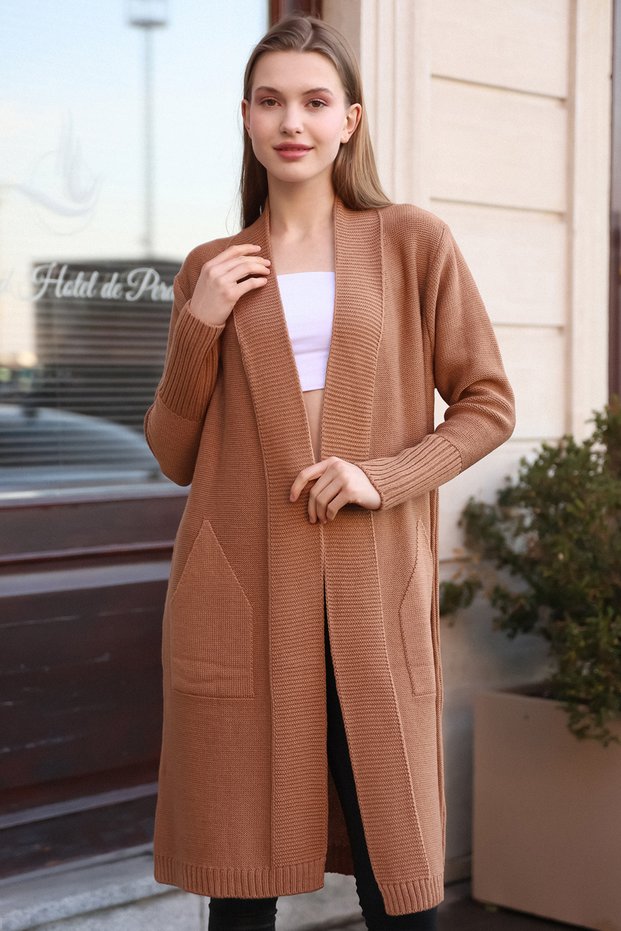 V-Neck Long Sleeve Ankle Elasticated Top with Roof Pocket Single Placket Midi Length Knitwear Seasonal Cardigan