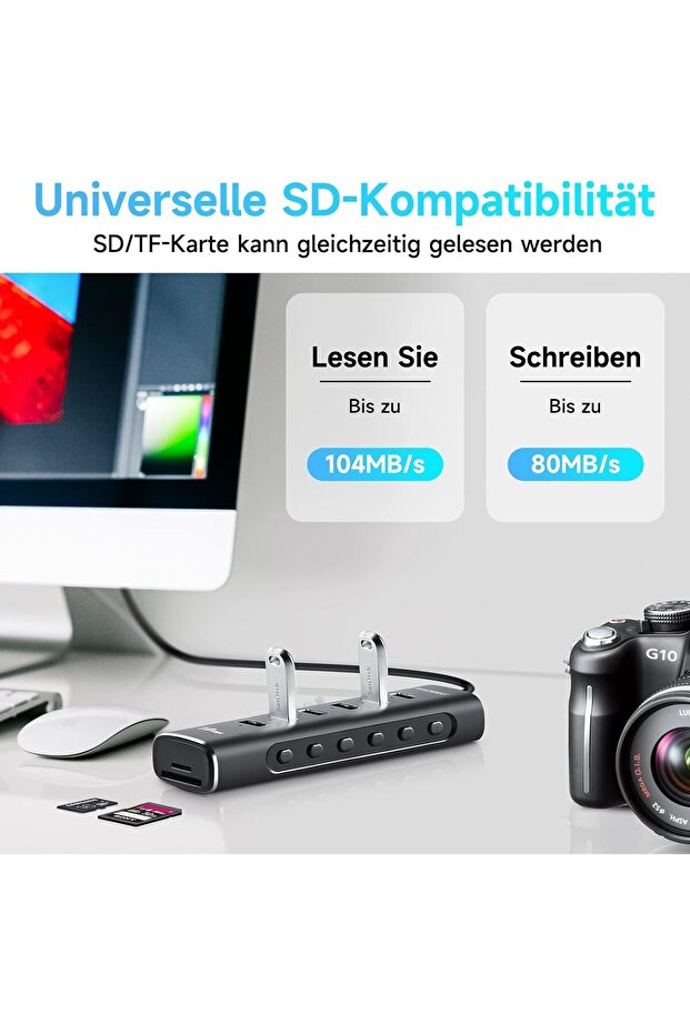 Type c Usb 3.2 Hub 8 Port Usb 3.1 Alüminyum  6*10Gbps USB 3.2 Port  SD TF Kart 24W 12V 2A 100cm - 4