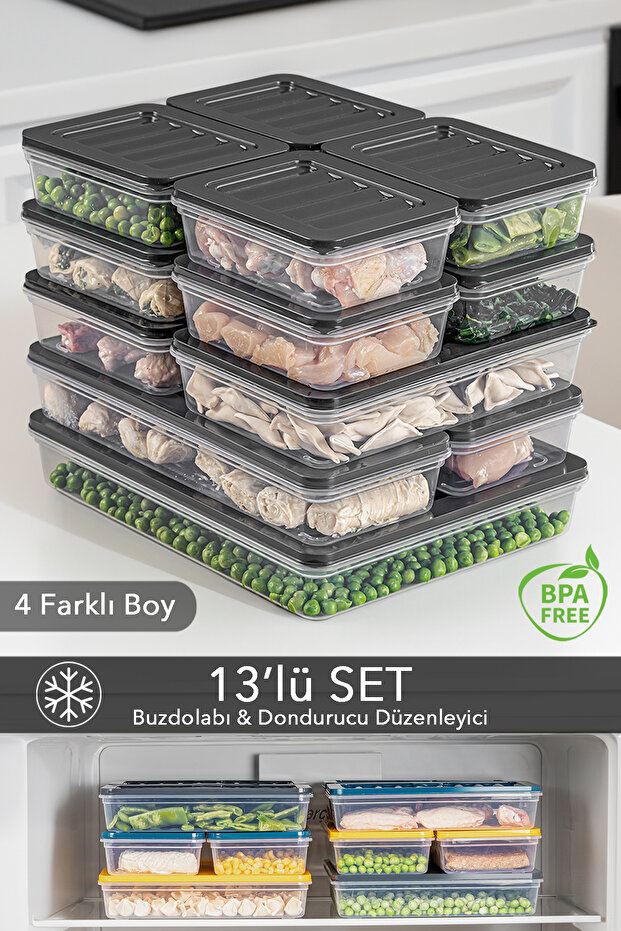 13-Piece Fridge Organizer Freezer-Microwave Compatible Storage Container 1x2400ml-2x1170-2x1200ml-8x600ml