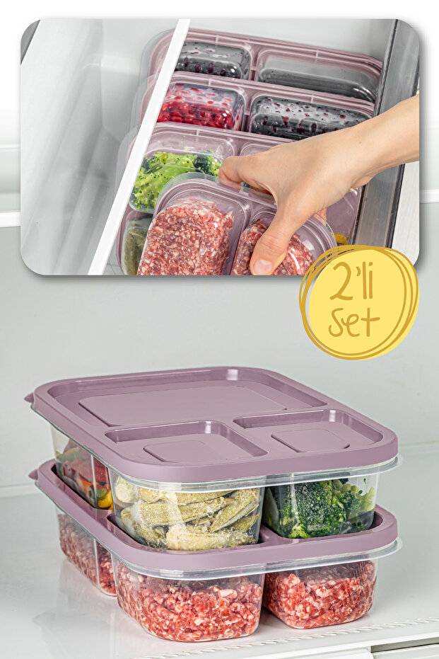 حاوية تخزين مستطيلة باللون الوردي سعة 1.15 لترًا مكونة من قسمين و3 أقسام - 1