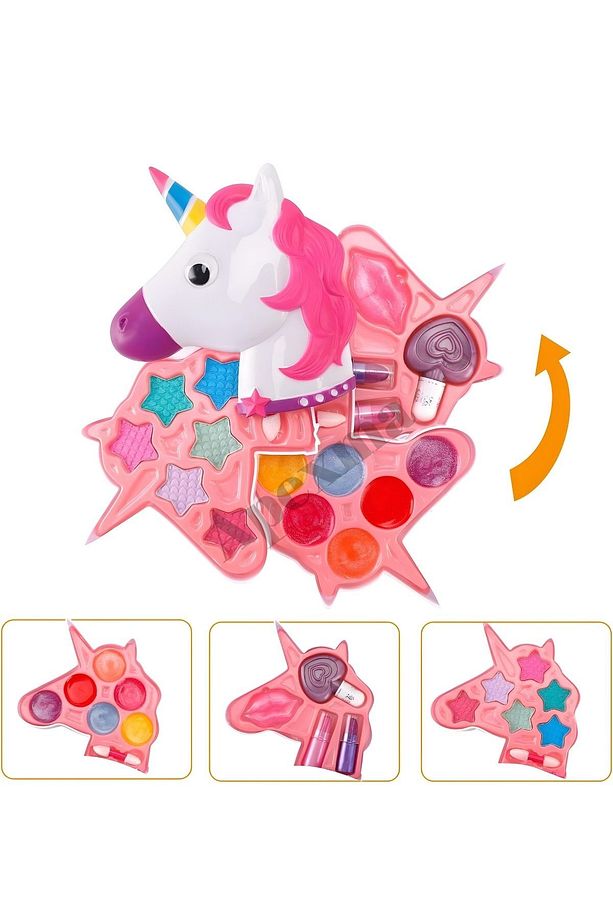Kız Çocukları İçin Sürülebilir Unicorn Şekilli 3 Katlı Makyaj Seti - Eğitici Güzellik Oyuncak - 4