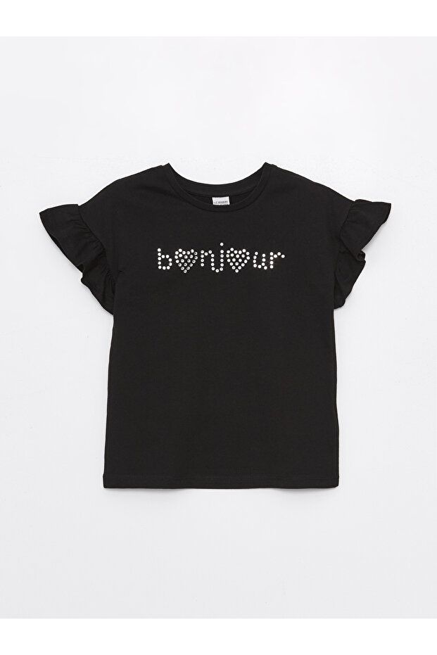 Crew Neck Stone Printed Short Sleeve Girl's T-Shirt