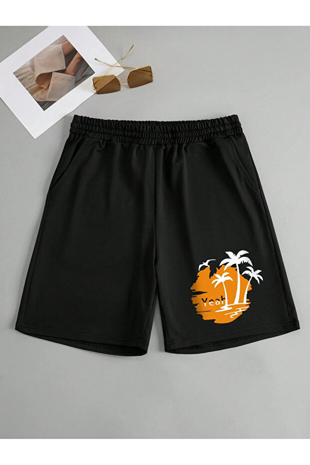 شورت Yeah Beach من القطن الممشط - قصير أسود مطبوع بدون حبال