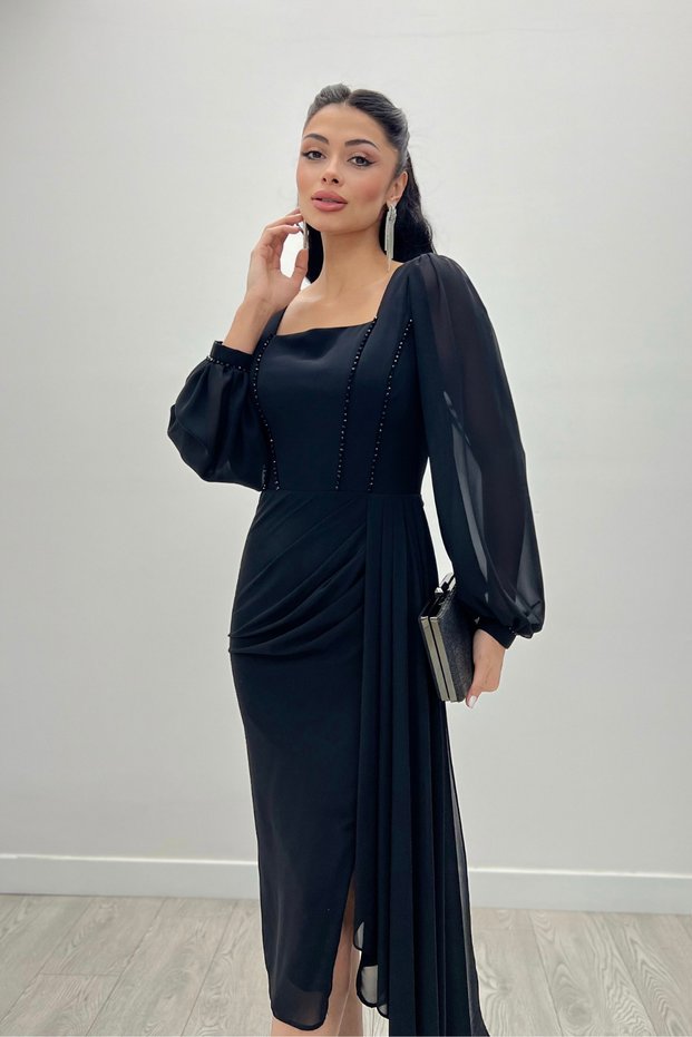 Atlas Fabric Bead Detailed Chiffon Sleeve Pencil Dress - BLACK
