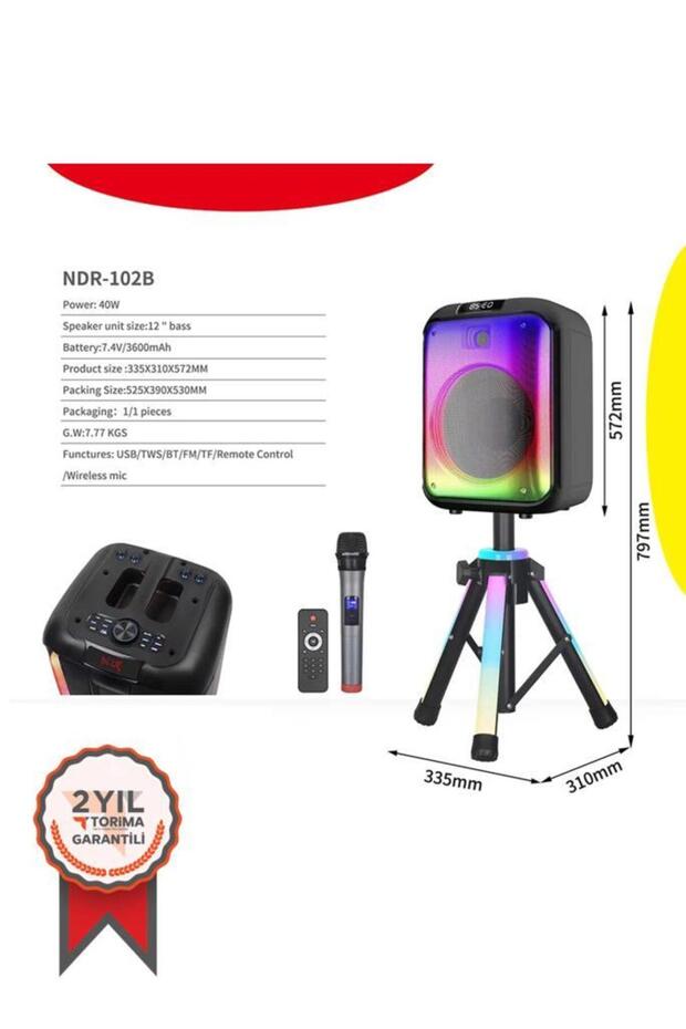 NDR-102B Siyah RGB Ledli Dahili Mikrofon&Kumanda Bluetooth Hoparlör Siyah - 4