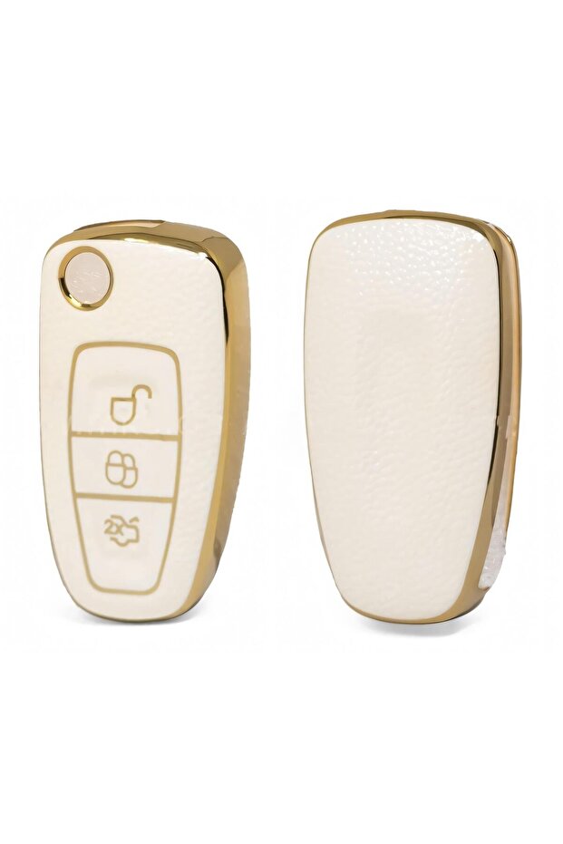 Ford Focus Mondeo Transit Compatible Nano Key Remote Case Cover Auto Keychain Leather Patterned White