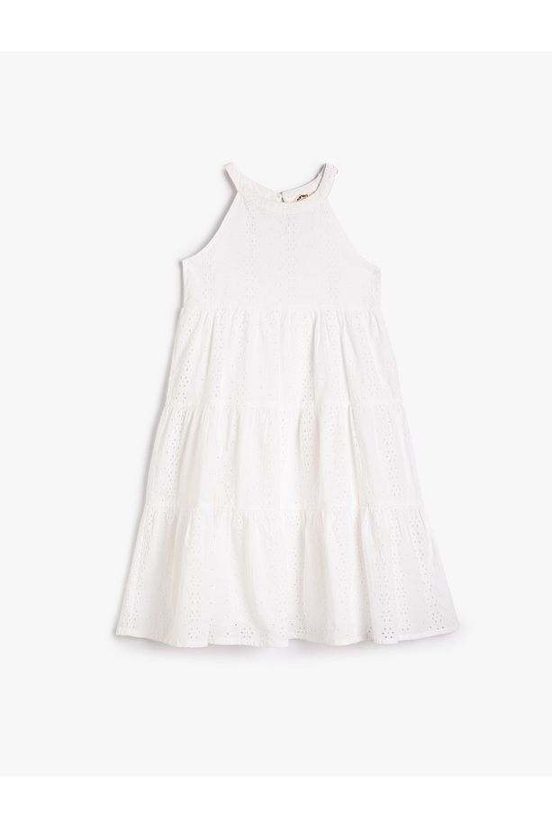 Elbise Midi Boy Halter Yaka Brodeli Çiçek İşlemeli Pamuklu Astarlı - 1