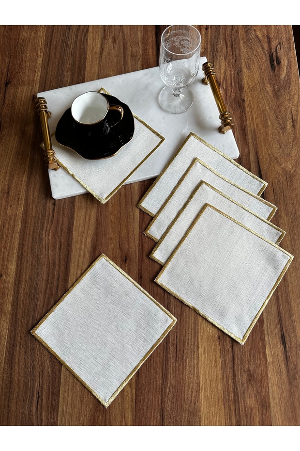 6 Pieces Gold Color Embroidered Square Cocktail Presentation Napkin