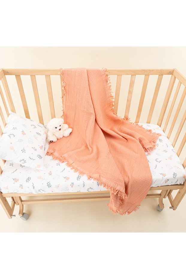 Baby Duvet Cover Set- Four Layer Muslin Blanket, Pillowcase, Elastic Sheet-Coral-Green Flowers