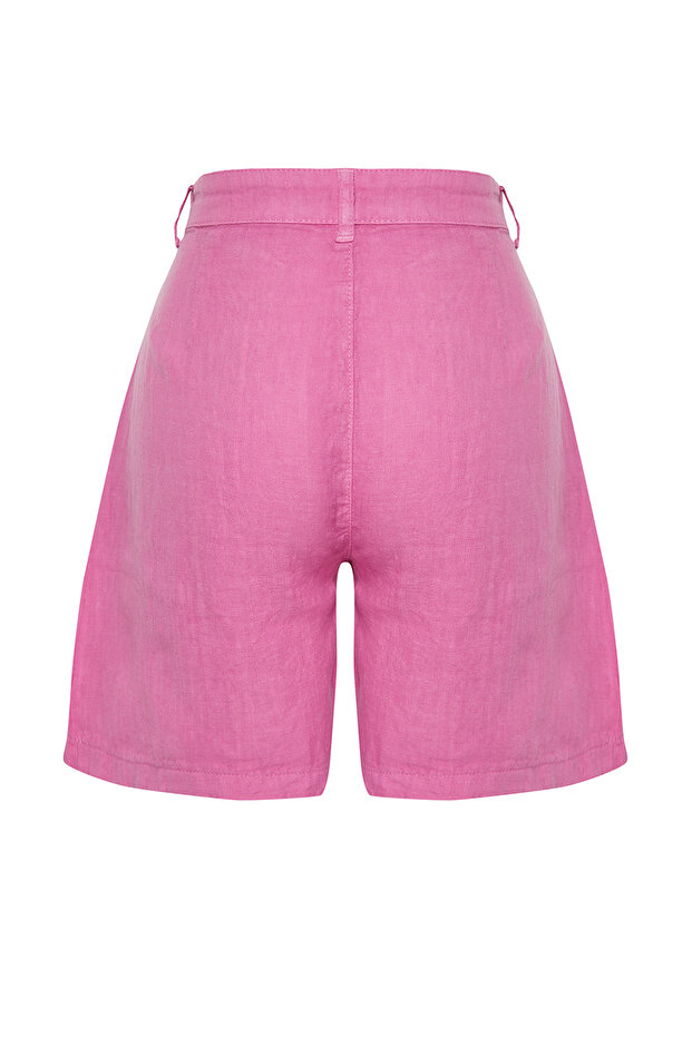 Pembe %100 Keten Pileli Yüksek Bel Şort TWOSS24SR00093 - 8