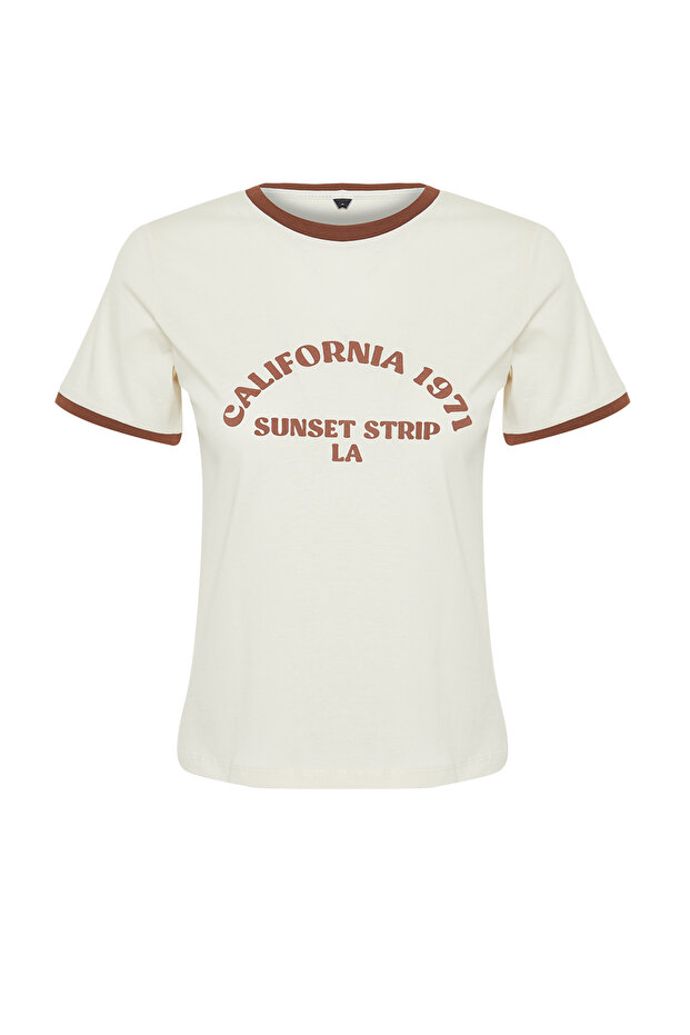 Taş %100 Pamuk Slogan Baskılı Kontrast Biye Detaylı Örme T-Shirt TWOSS24TS00105 - 8