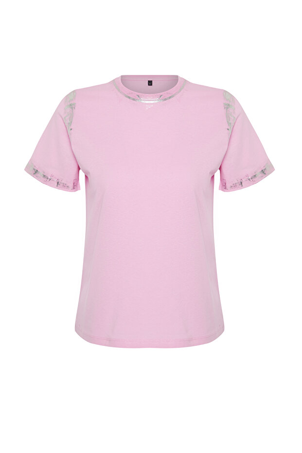 Pembe Varaklı Loose/Rahat Kalıp Örme T-Shirt TWOSS24TS00073 - 7