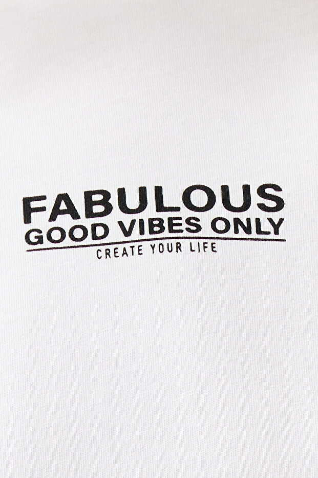 Ekru %100 Pamuk Sırt ve Ön Baskılı Oversize/Geniş Kesim Örme T-Shirt TWOSS24TS00183 - 4