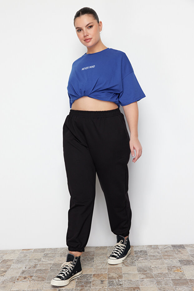 Siyah Loose Jogger İnce Paçası Lastikli Esnek Bel Örme Büyük Beden Eşofman Altı TBBAW23AJ00002 - 4