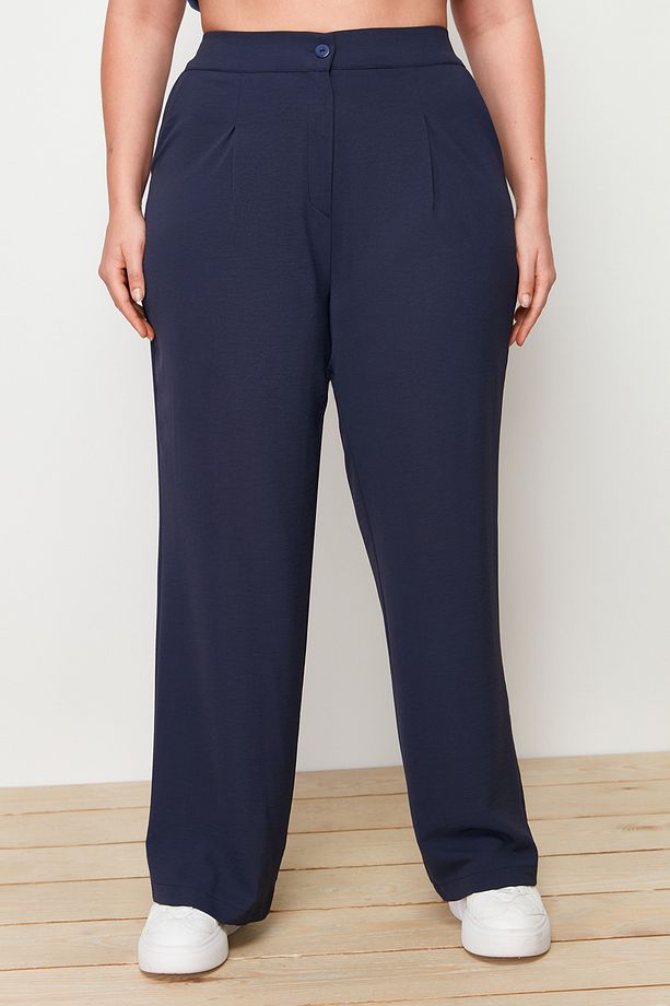 Lacivert Lastikli Yüksek Bel Pileli Wide Leg Dokuma Pantolon TBBSS22PL0448 - 4
