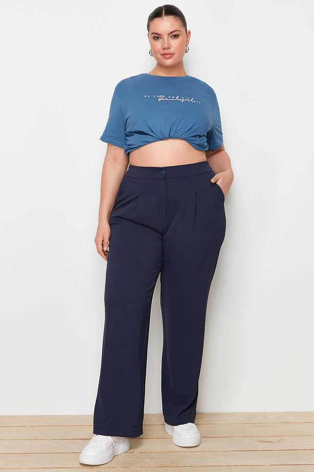 Lacivert Lastikli Yüksek Bel Pileli Wide Leg Dokuma Pantolon TBBSS22PL0448 - 1