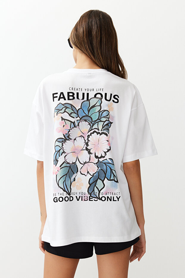Ekru %100 Pamuk Sırt ve Ön Baskılı Oversize/Geniş Kesim Örme T-Shirt TWOSS24TS00183 - 6
