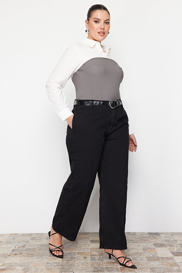 Antrasit Yüksek Bel Nervürlü Geniş Kesim Jeans TBBAW23CJ00013 - 6