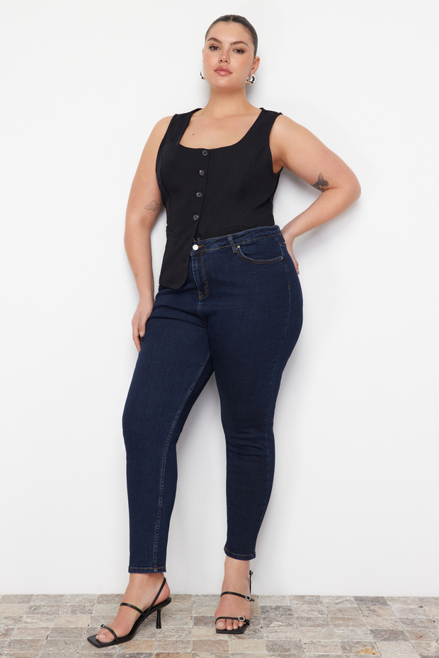 Tmavě modré elastické džíny skinny s vysokým pasem velikosti plus TBBSS22JE0075 - 8