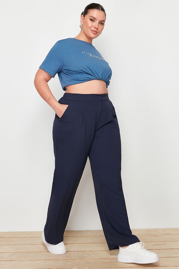 Lacivert Lastikli Yüksek Bel Pileli Wide Leg Dokuma Pantolon TBBSS22PL0448 - 3
