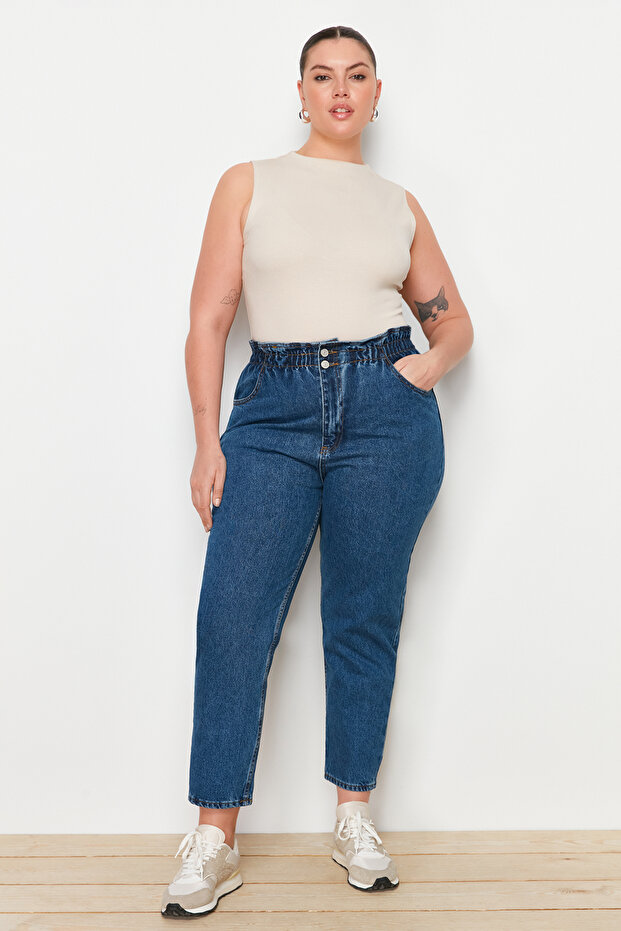 Mavi Yüksek Bel Beli Lastikli %100 Non-Stretch Pamuk Büyük Beden Mom Jeans TBBAW23JE00002 - 5