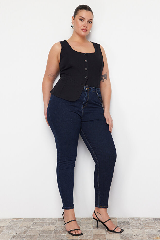 Tmavě modré elastické džíny skinny s vysokým pasem velikosti plus TBBSS22JE0075 - 9