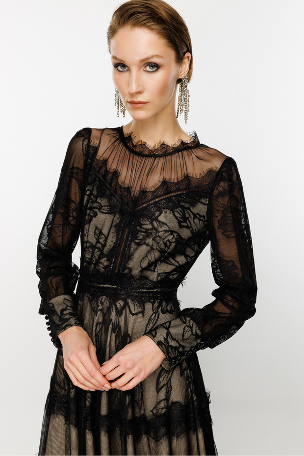 Siyah Dantelli Maxi Boy Elbise - 7