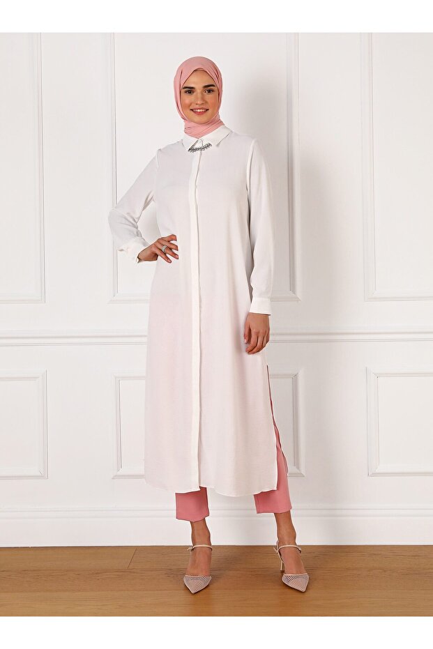 تونيك طويل بأزرار طويلة من Aerobin - أبيض فاتح - Refka - 1