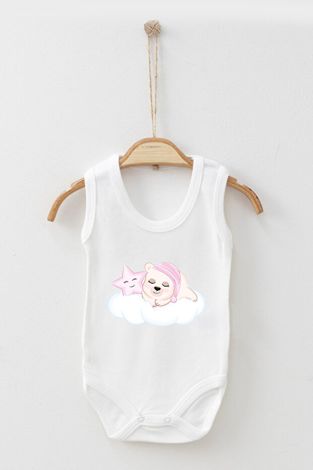 Pink Little Teddy Bear Sleeping in the Clouds and Star Printed Strap Snap Bodysuit