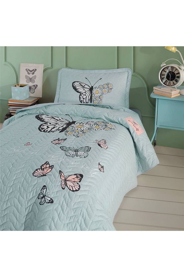 Ranforce 100% Pamuk Kapitoneli Tek Kişilik Yatak Örtüsü Takımı Daisy Love Mint - 2