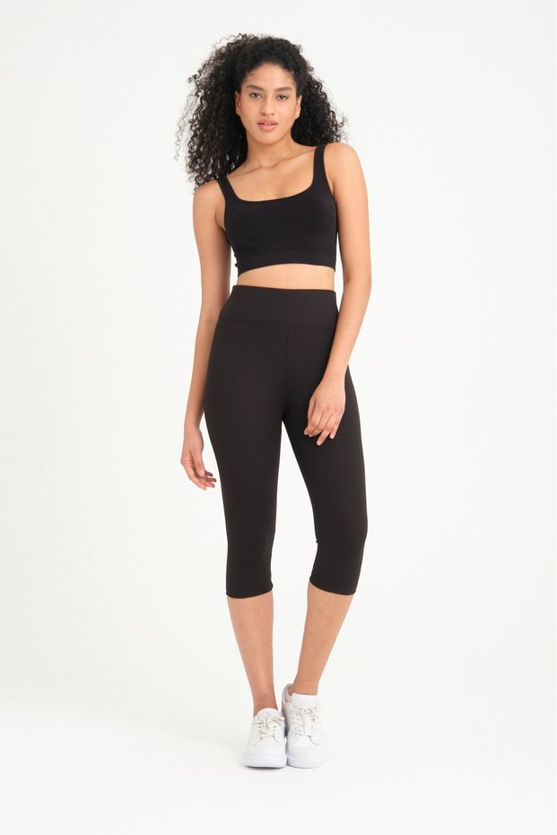 Women's Black Ribbed High Waist Recovery Below the Knee Capri Leggings Capri