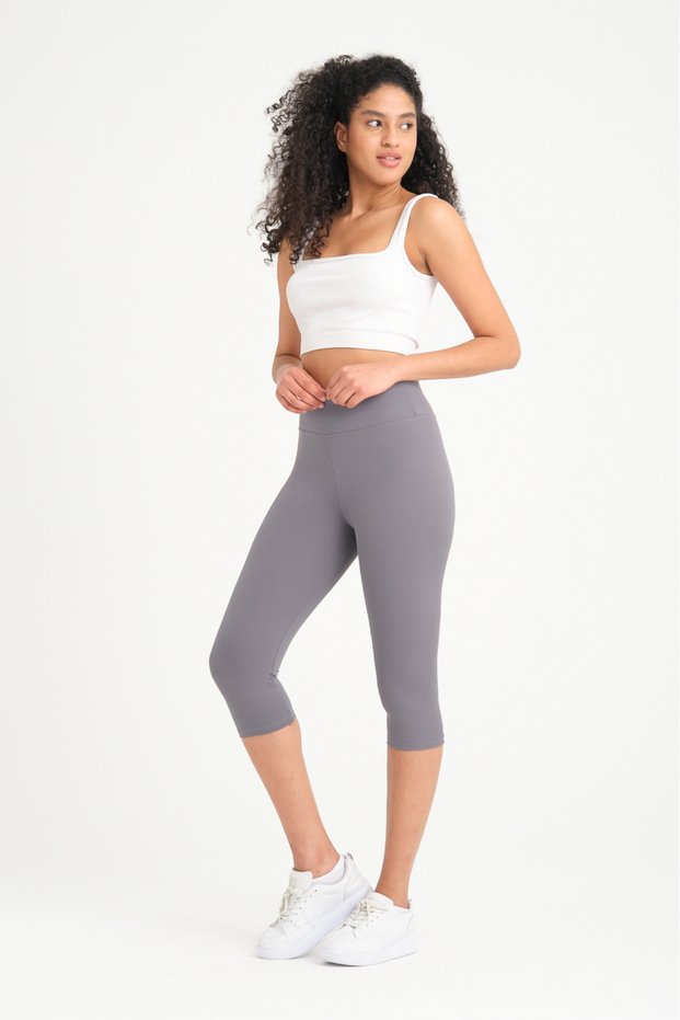Women's Anthracite Corded High Waist Recovery Below the Knee Capri Leggings Capri