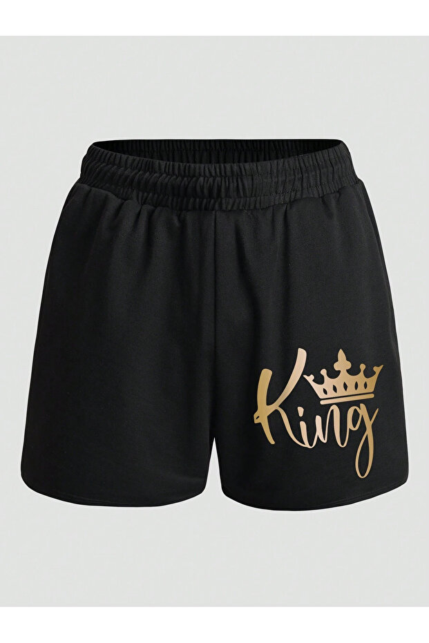 شورت King Crown الممشط - قصير مطبوع باللون الأسود بدون حبال