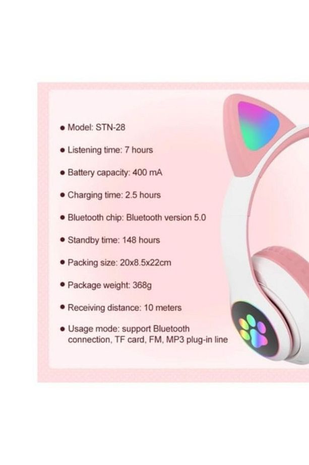Bluetooth 5.0 Pembe Kedi Kulaklık Led Mikrofonlu - 7