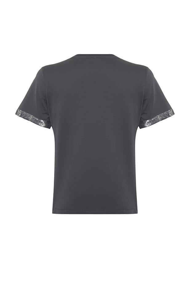 Antrasit Varaklı Loose/Rahat Kalıp Örme T-Shirt TWOSS24TS00073 - 8