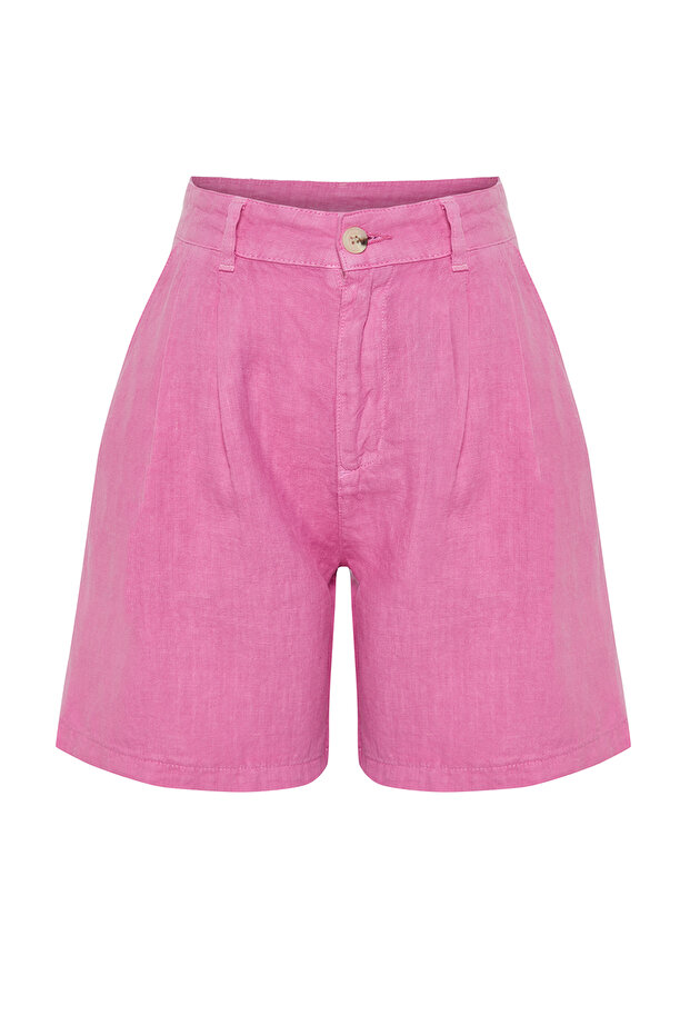 Pembe %100 Keten Pileli Yüksek Bel Şort TWOSS24SR00093 - 7