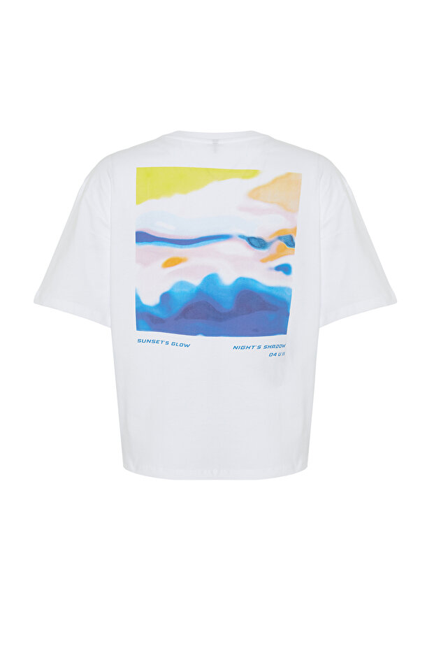 Beyaz %100 Pamuk Baskılı Relaxed/Rahat Kalıp Örme T-Shirt TWOSS24TS00172 - 12
