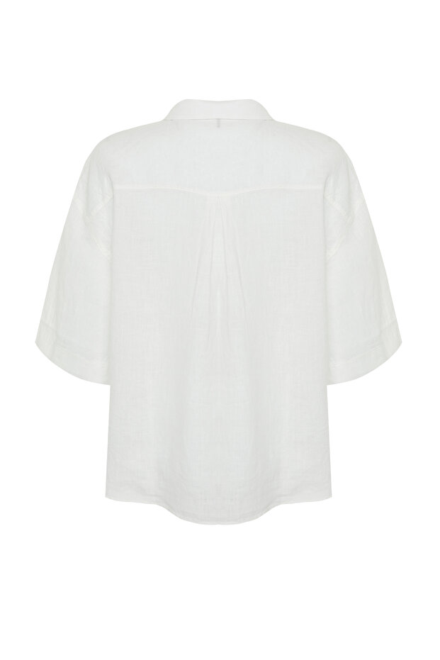 Ekru %100 Keten Oversize Gömlek TWOSS24GO00122 - 8