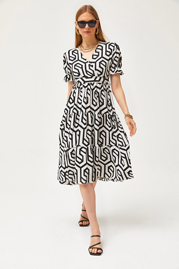 Women's Black Belted Double Breasted Patterned Dress ELB-19002103