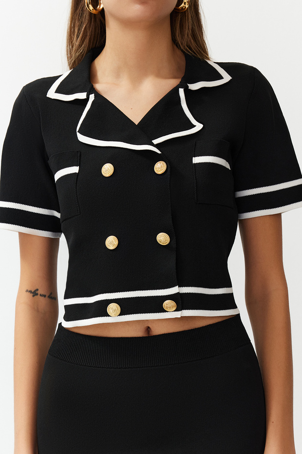 Siyah Süper Crop/Kısa Ceket/Etek Triko Alt-Üst Takım TWOSS24AU00093 - 5