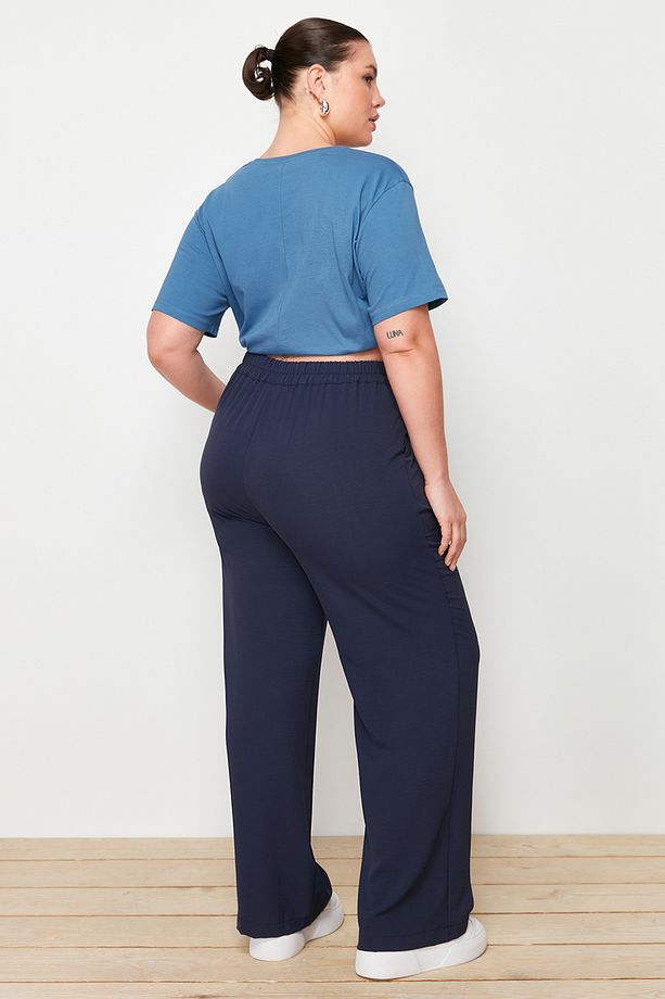 Lacivert Lastikli Yüksek Bel Pileli Wide Leg Dokuma Pantolon TBBSS22PL0448 - 6