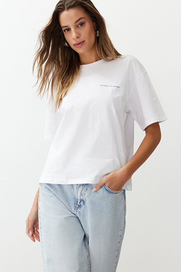 Beyaz %100 Pamuk Baskılı Relaxed/Rahat Kalıp Örme T-Shirt TWOSS24TS00172 - 7