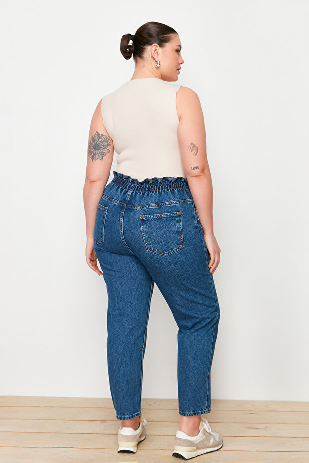 Mavi Yüksek Bel Beli Lastikli %100 Non-Stretch Pamuk Büyük Beden Mom Jeans TBBAW23JE00002 - 10
