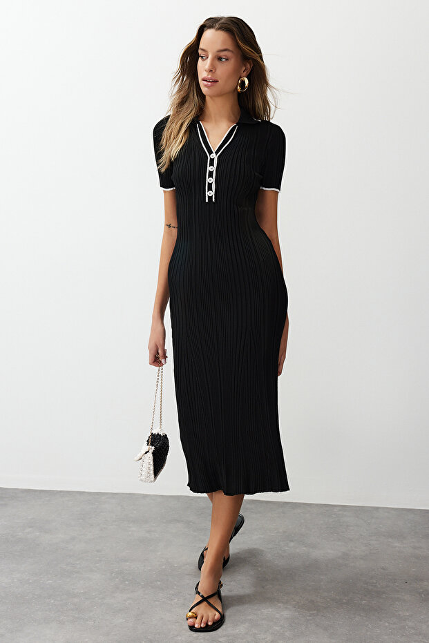 Siyah Midi Polo Yaka Elbise TWOSS24EL00831 - 3